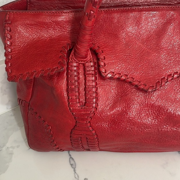 Rebecca Minkoff Red Leather Handbag w/cool leather Stitching royal blue lining - Picture 5 of 16